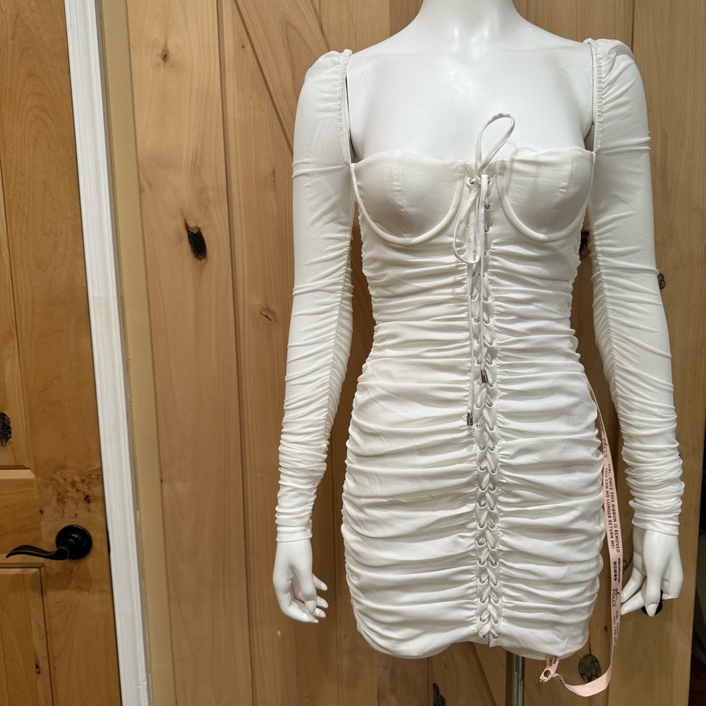 Oh Polly Fantasy Long Sleeve Ruched Sheer Dress Size 2 NWT! Lace Up Baby Doll - Picture 16 of 16